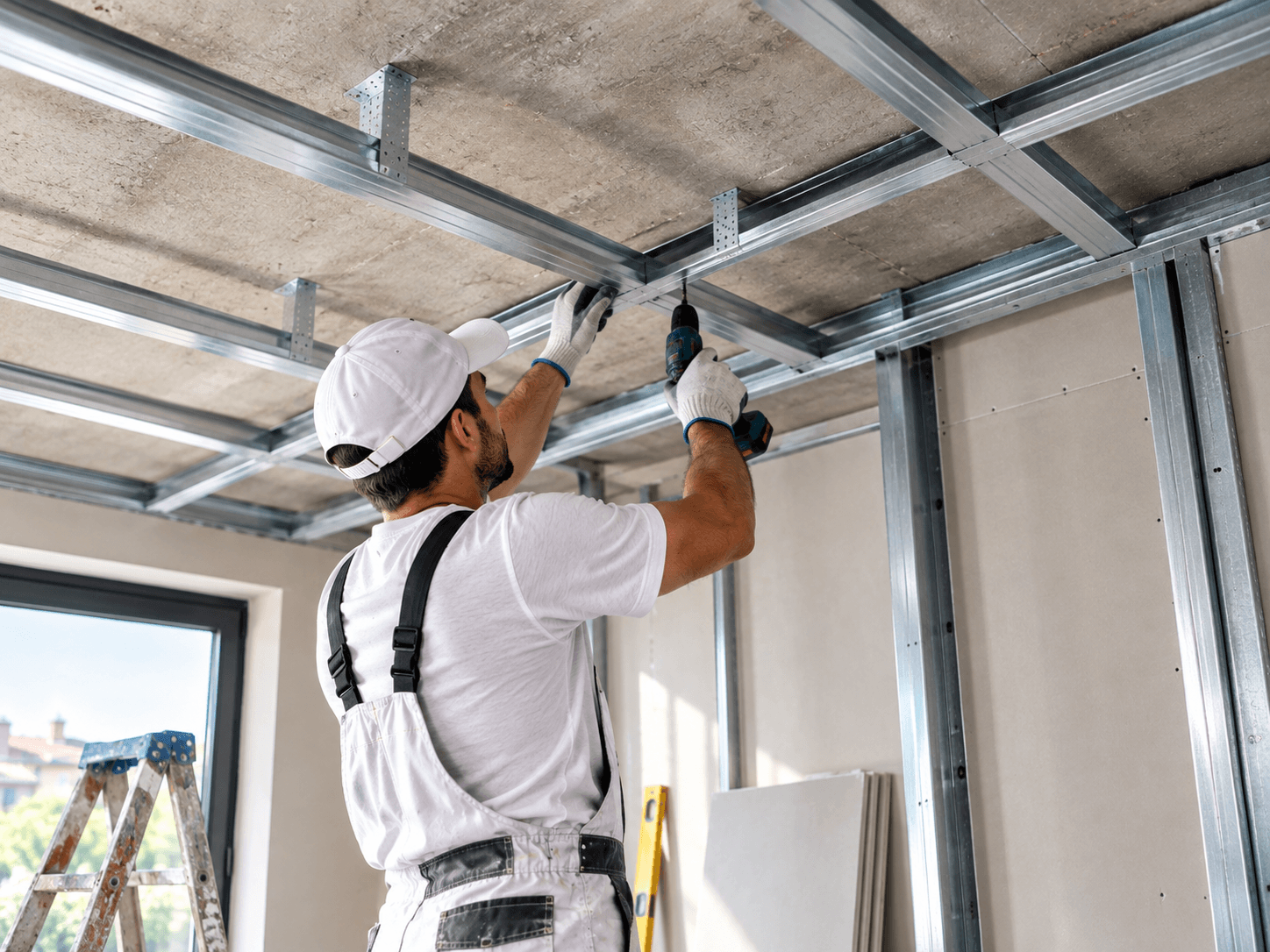 In questa immagine vediamo un pittore mentre monta la struttura metallica per la posa del controsoffitto in cartongesso