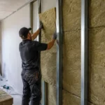 nell'immagine troviamo un operaio che mette lana di roccia nella parete in cartongesso per insonorizzare